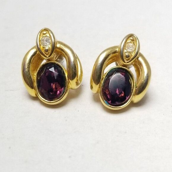 Vintage Dark Purple Rhinestone Gold Tone Stud Earrings, 90s Style, Estate - Picture 6 of 6